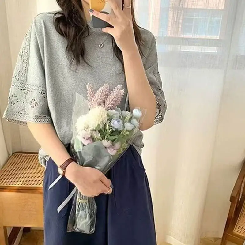 Women Japanese Style 5Q Sleeve T-Shirt Grey