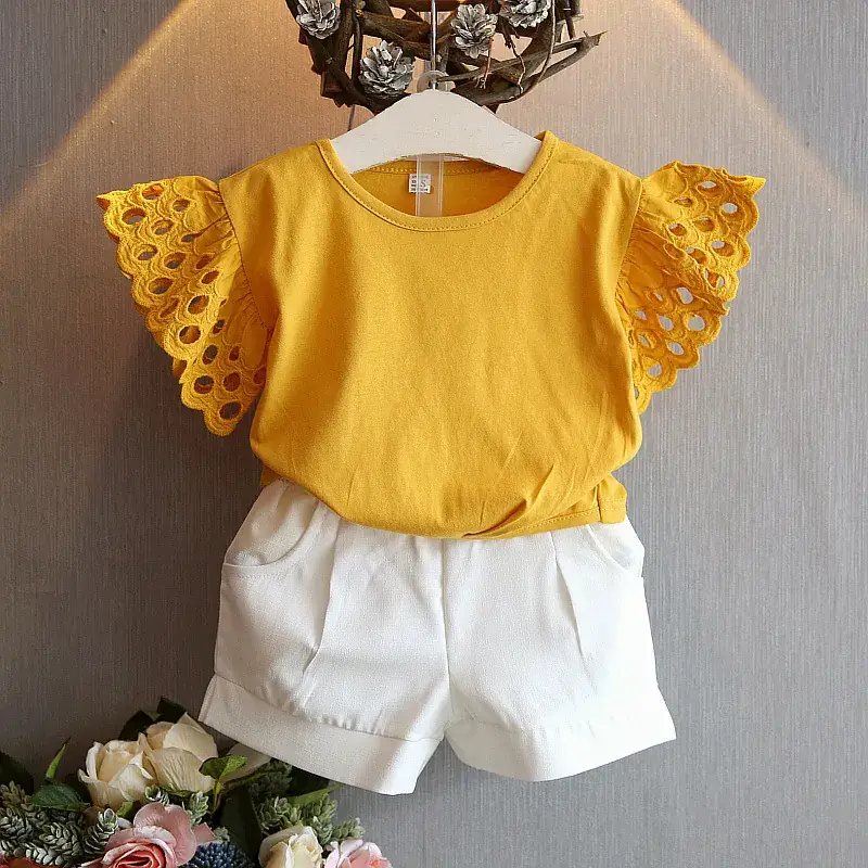 Girls Yellow Lace Sleeve Top & White Shorts Set