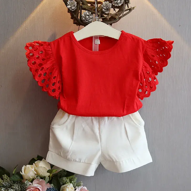 Girls Yellow Lace Sleeve Top & White Shorts Set