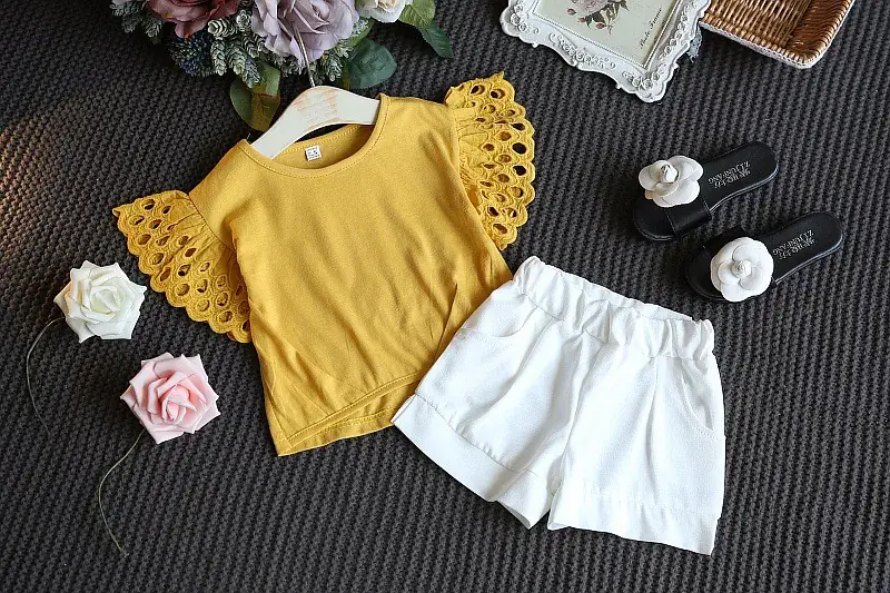 Girls Yellow Lace Sleeve Top & White Shorts Set — feature 13