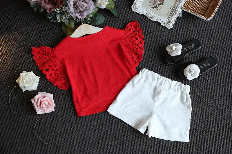 Girls Yellow Lace Sleeve Top & White Shorts Set — feature 9