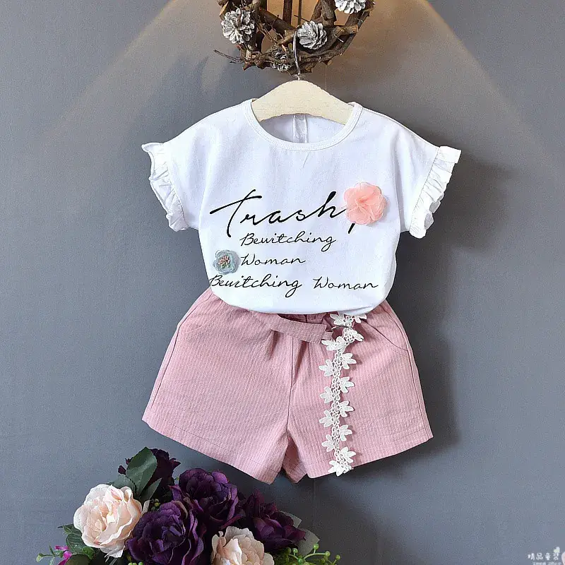 2024 Girls Casual T-Shirt Shorts Set White Flower Letter - Image 3
