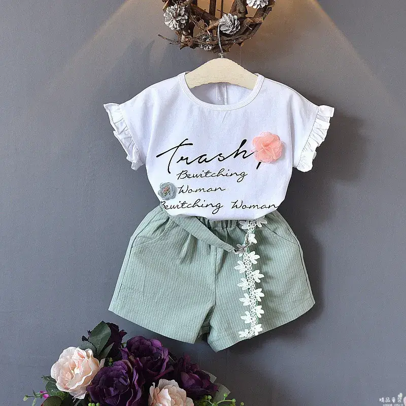 2024 Girls Casual T-Shirt Shorts Set White Flower Letter - Image 4
