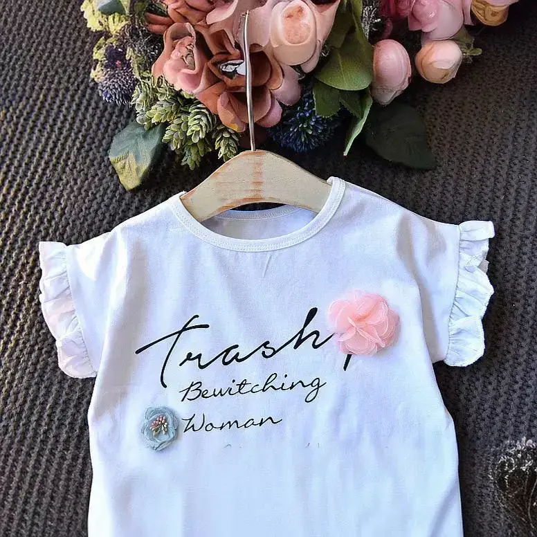 2024 Girls Casual T-Shirt Shorts Set White Flower Letter - Image 5