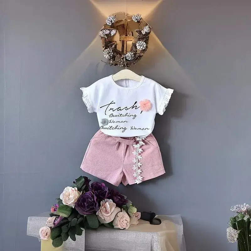 2024 Girls Casual T-Shirt Shorts Set White Flower Letter - Image 6