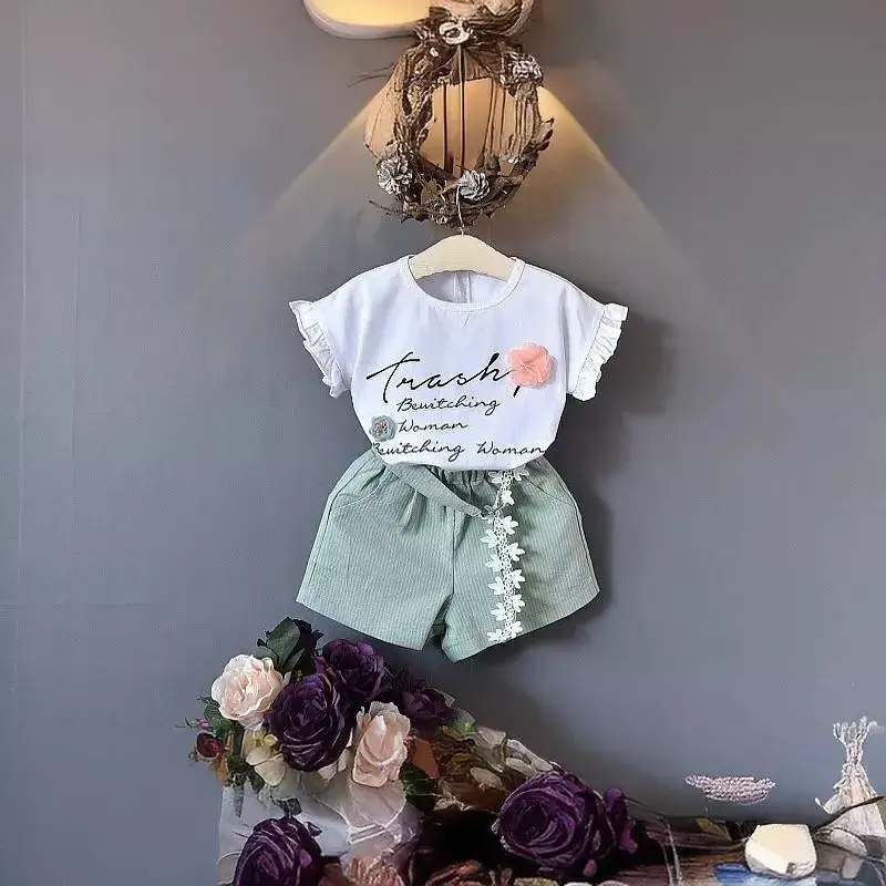 2024 Girls Casual T-Shirt Shorts Set White Flower Letter - Image 7