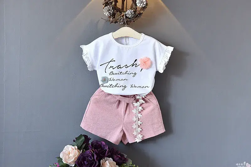 2024 Girls Casual T-Shirt Shorts Set White Flower Letter — feature 4