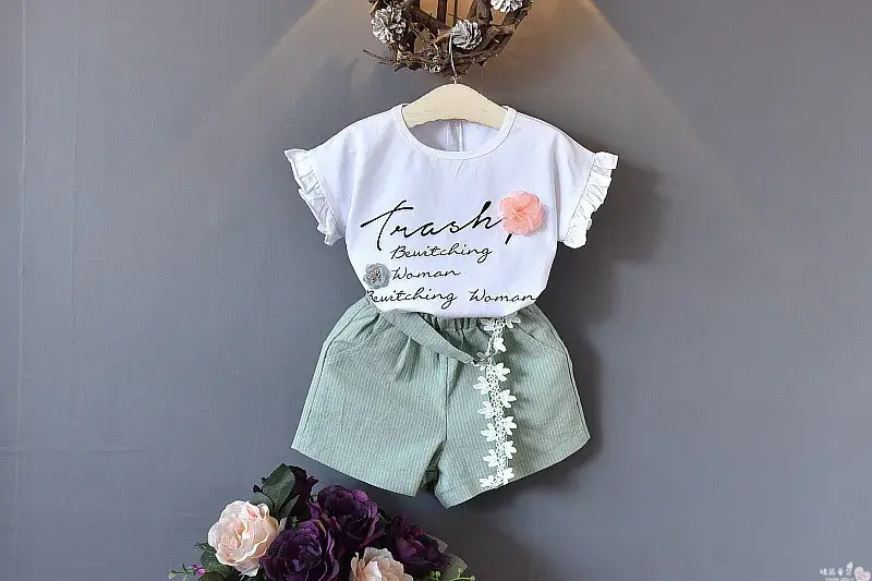 2024 Girls Casual T-Shirt Shorts Set White Flower Letter — feature 6