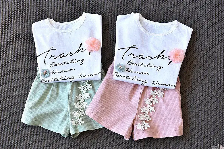 2024 Girls Casual T-Shirt Shorts Set White Flower Letter — feature 8