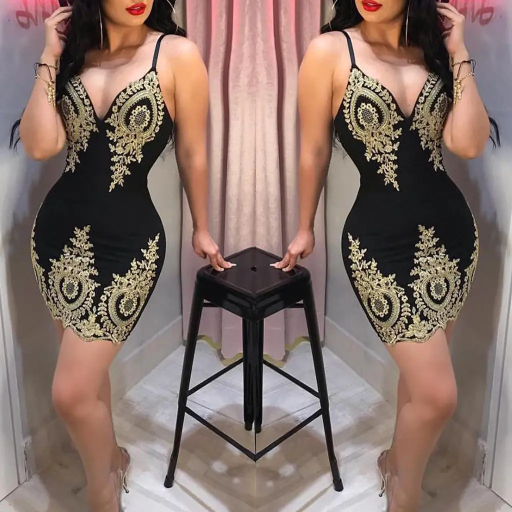 Black Gold Embroidered Hip-Hugging Dress for Women - Image 2