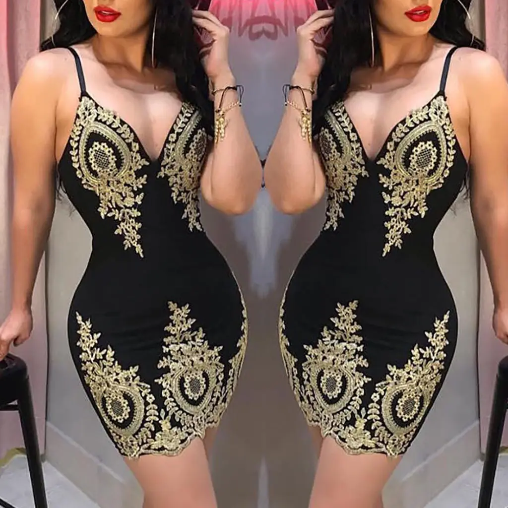 Black Gold Embroidered Hip-Hugging Dress for Women - Image 3