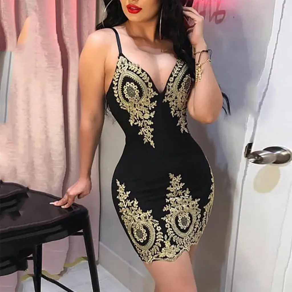 Black Gold Embroidered Hip-Hugging Dress for Women - Image 5