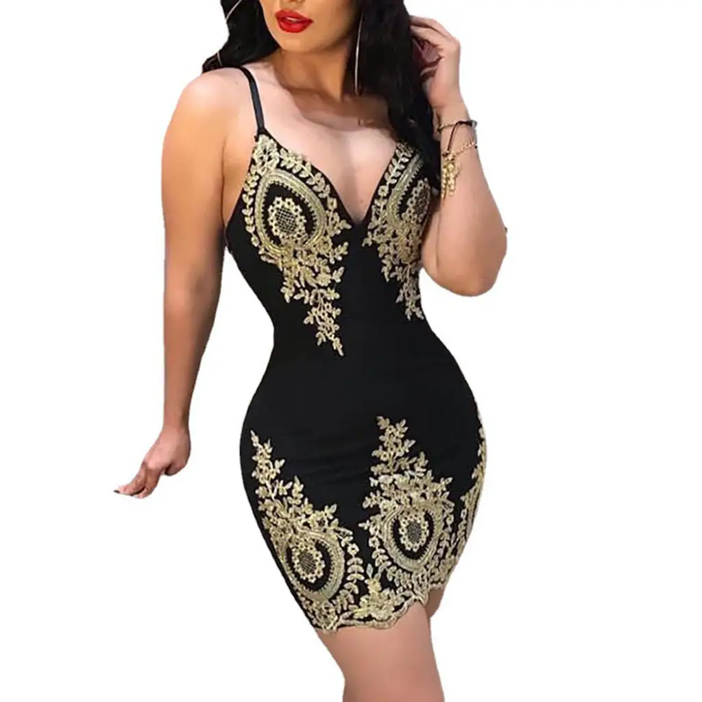 Black Gold Embroidered Hip-Hugging Dress for Women - Image 6
