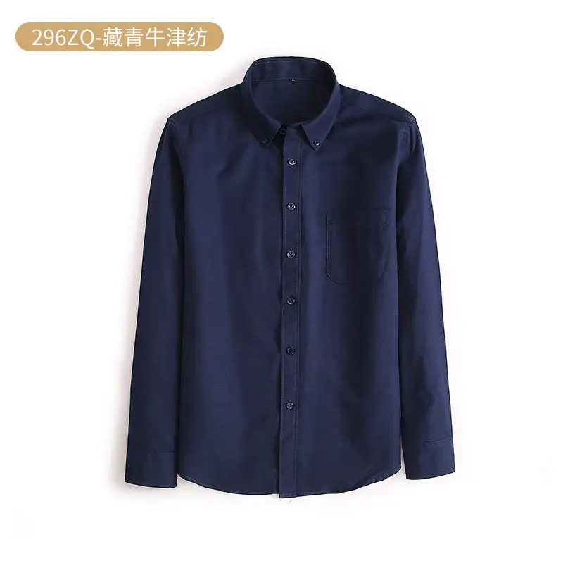 Men Navy Blue Oxford Long Sleeve Shirt Button Collar - Image 6