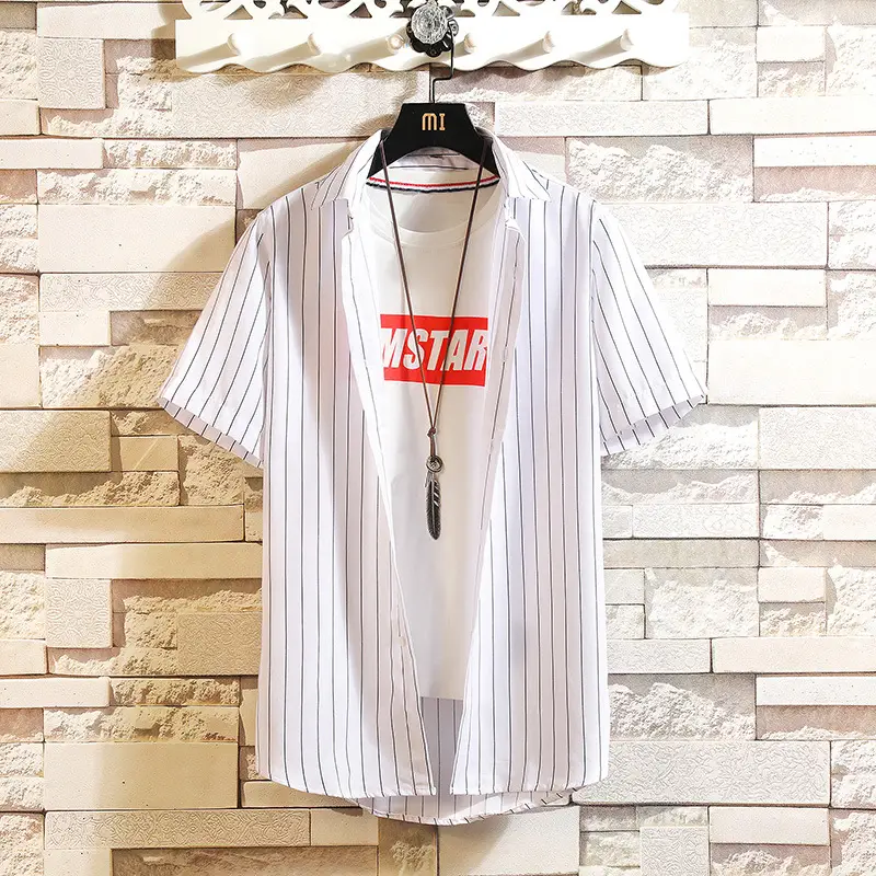 Men Cotton Striped Short Sleeve Shirt Blue White - Image 10