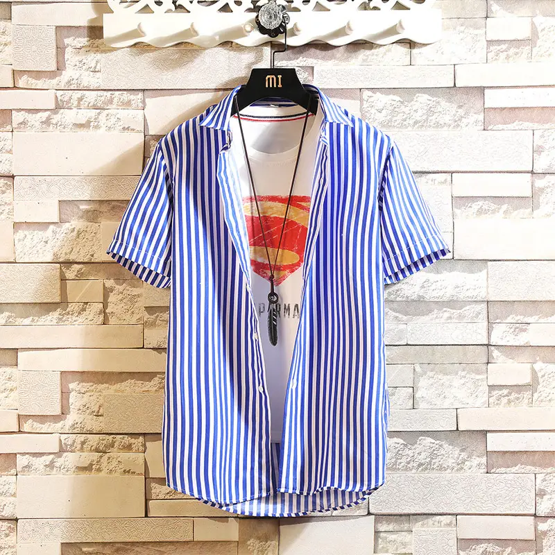 Men Cotton Striped Short Sleeve Shirt Blue White - Image 11