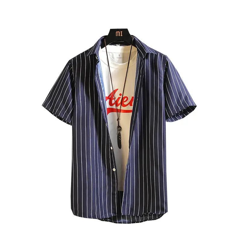 Men Cotton Striped Short Sleeve Shirt Blue White - Image 12