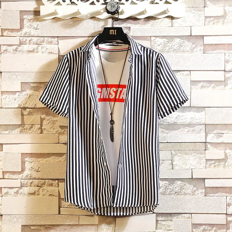 Men Cotton Striped Short Sleeve Shirt Blue White - Image 2