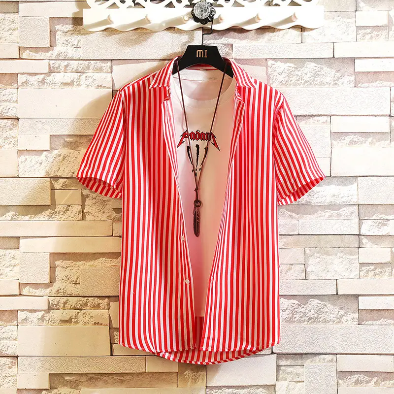 Men Cotton Striped Short Sleeve Shirt Blue White - Image 3