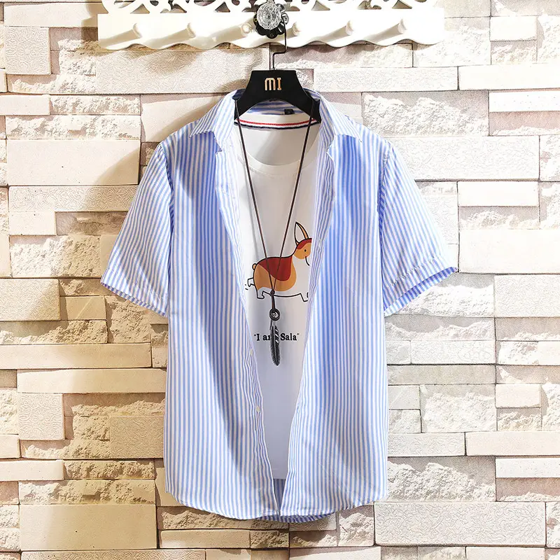 Men Cotton Striped Short Sleeve Shirt Blue White - Image 4