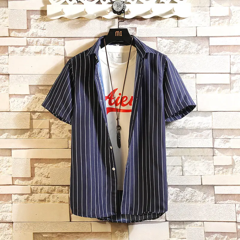 Men Cotton Striped Short Sleeve Shirt Blue White - Image 5