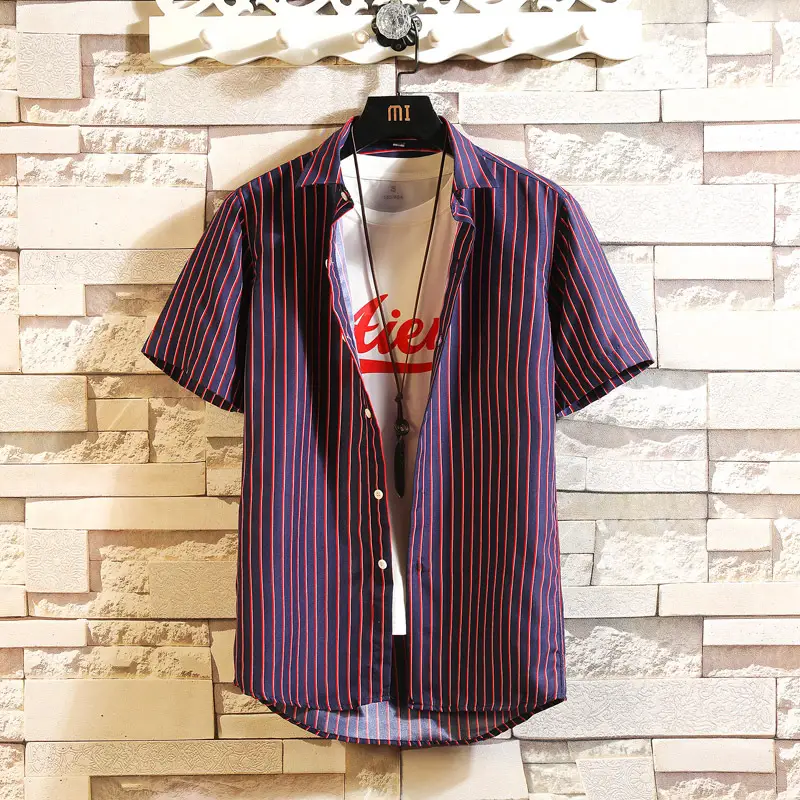 Men Cotton Striped Short Sleeve Shirt Blue White - Image 7