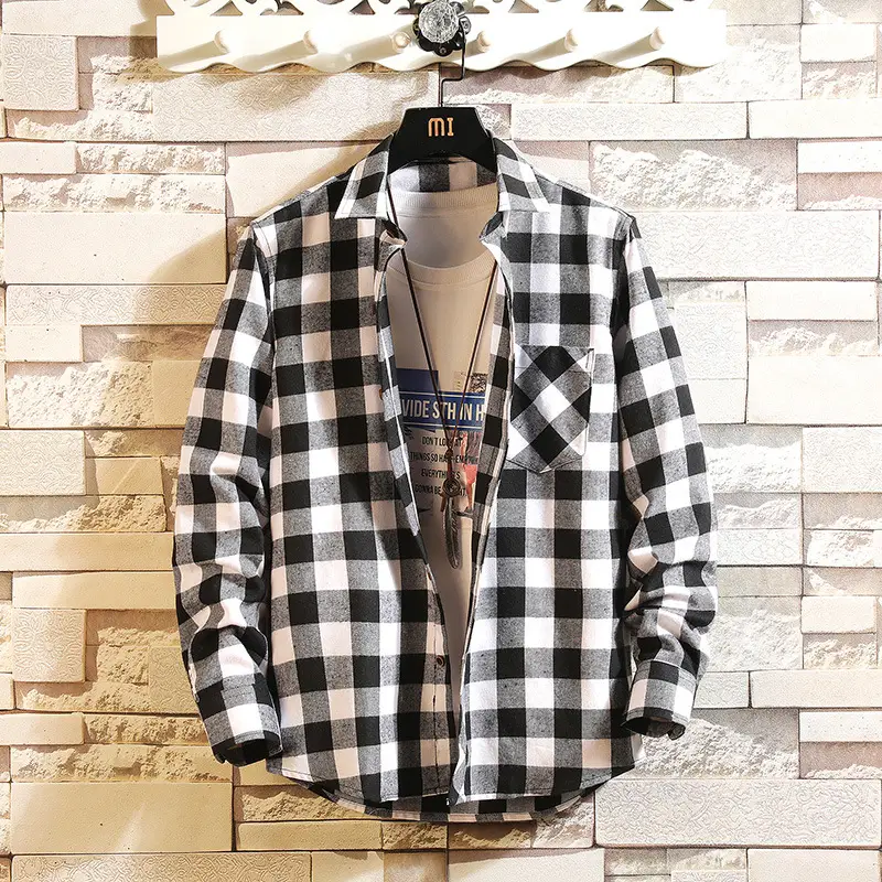 Men's Black White Plaid Long Sleeve Shirt - Image 8
