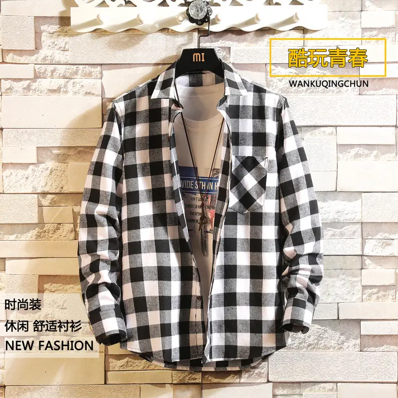 Men's Black White Plaid Long Sleeve Shirt — feature 1