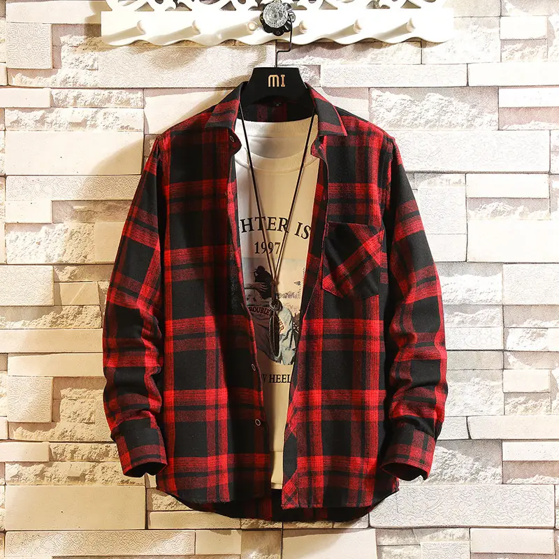 Men's Red Black Plaid Long Sleeve Shirt Jacket