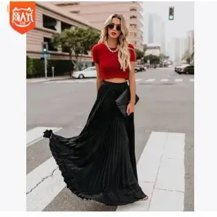 Red Pleated Long Skirt Large Women Summer 2024 - Image 11