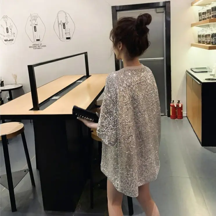 2026 Summer Women Sequin T-Shirt Dress Mid Length Loose Fit - Image 6