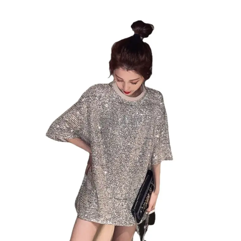 2026 Summer Women Sequin T-Shirt Dress Mid Length Loose Fit - Image 7