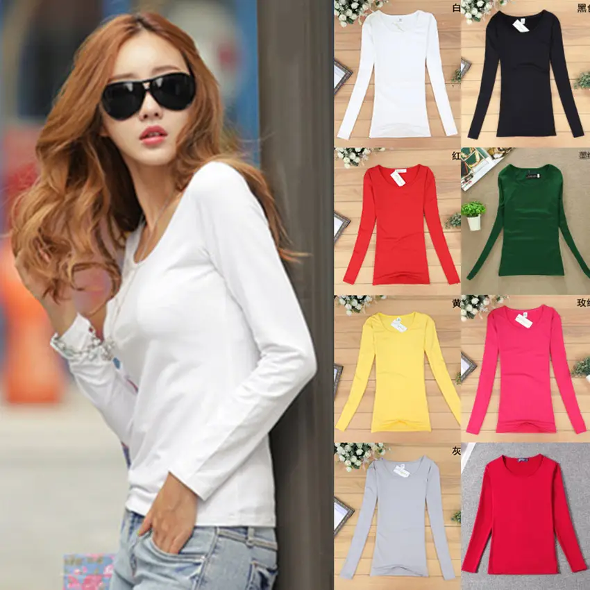Women's Long Sleeve T-Shirt Pure Color Round Neck - Image 29