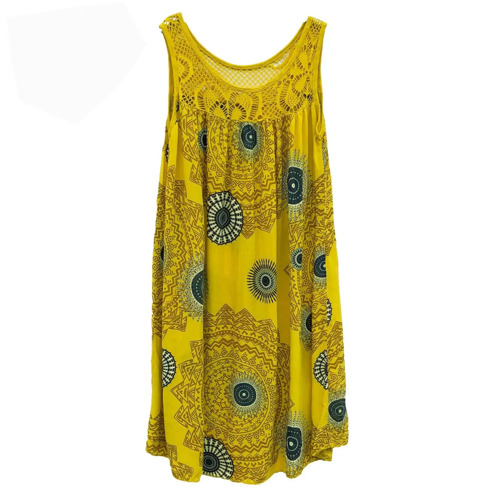 Lace Printed Sleeveless Swing Dress Yellow 8 Sizes