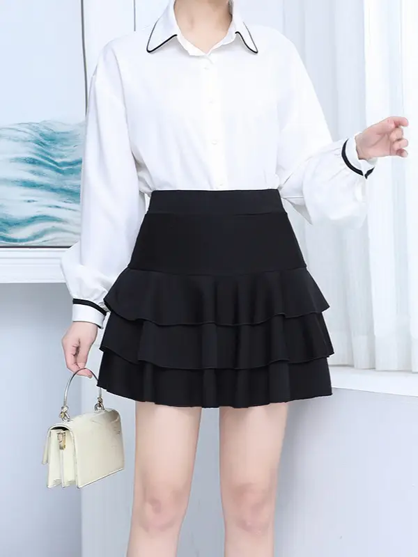 Women's Red Pleated Skirt High Waist Elastic Slim - Image 4