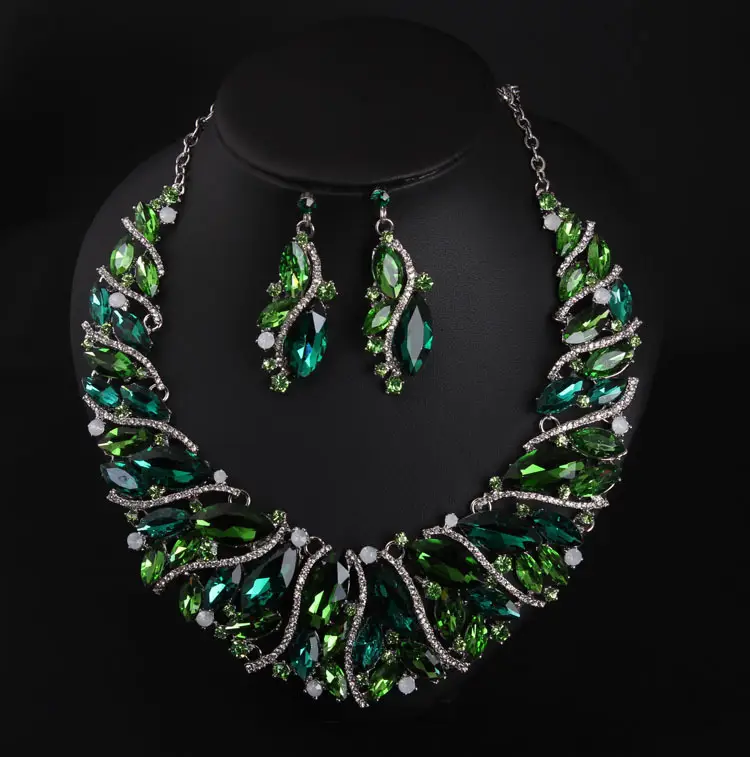 Green Crystal Bridal Necklace Earrings Set - Image 2