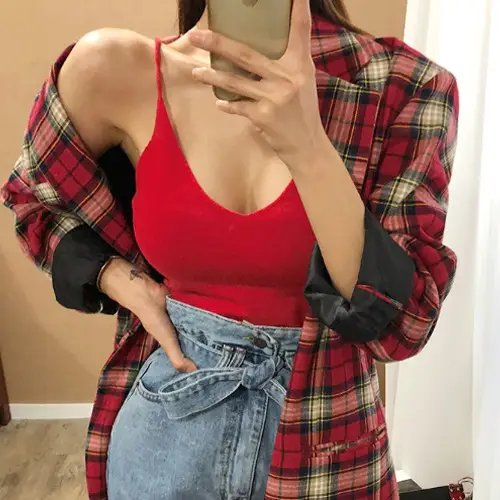 Red Low-Cut Slim-Fit Warm Camisole with Blue Jeans