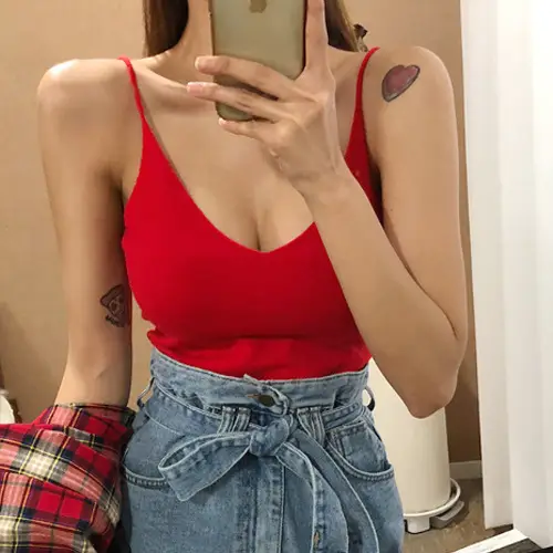 Red Low-Cut Slim-Fit Warm Camisole with Blue Jeans