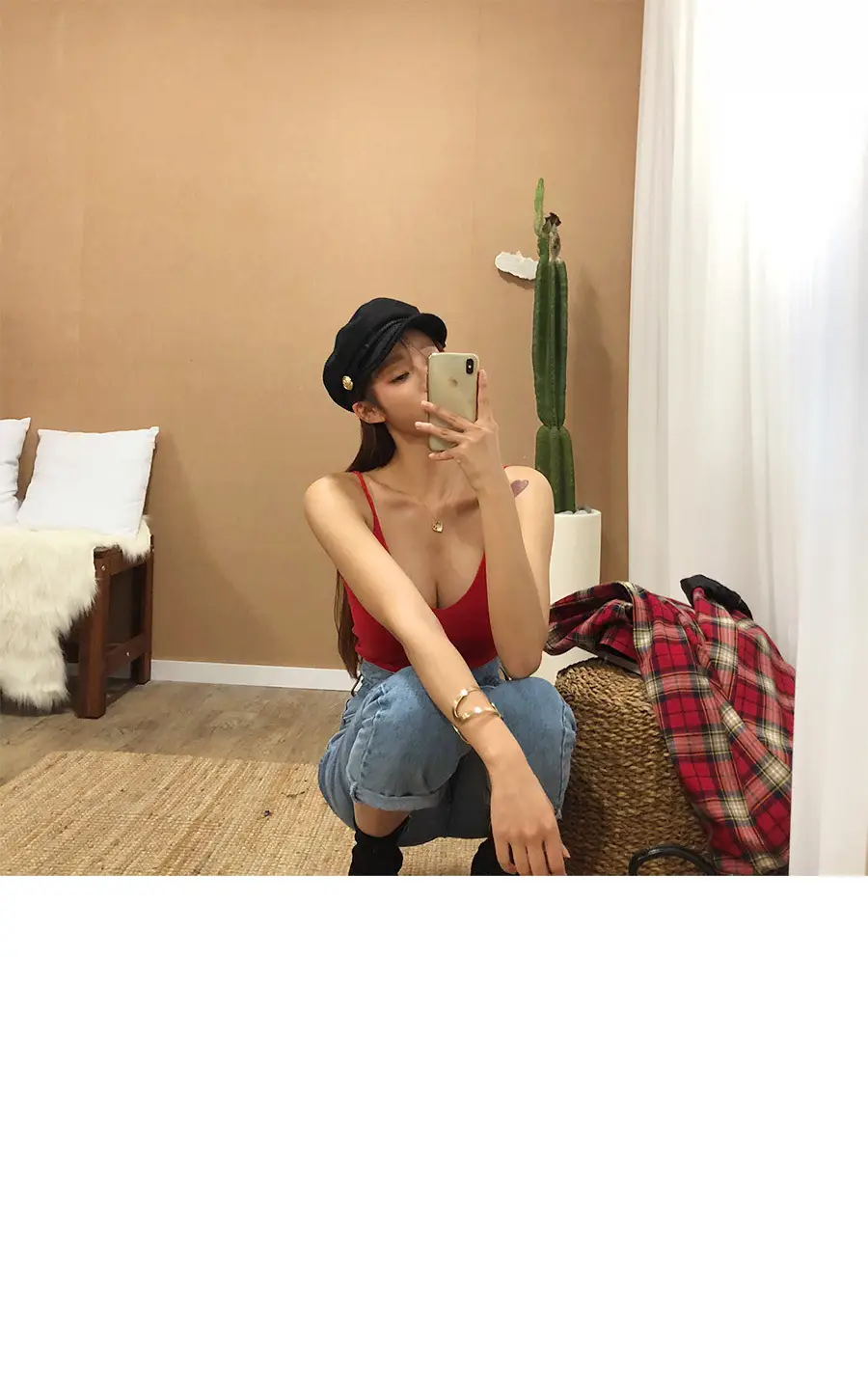Red Low-Cut Slim-Fit Warm Camisole with Blue Jeans — feature 13
