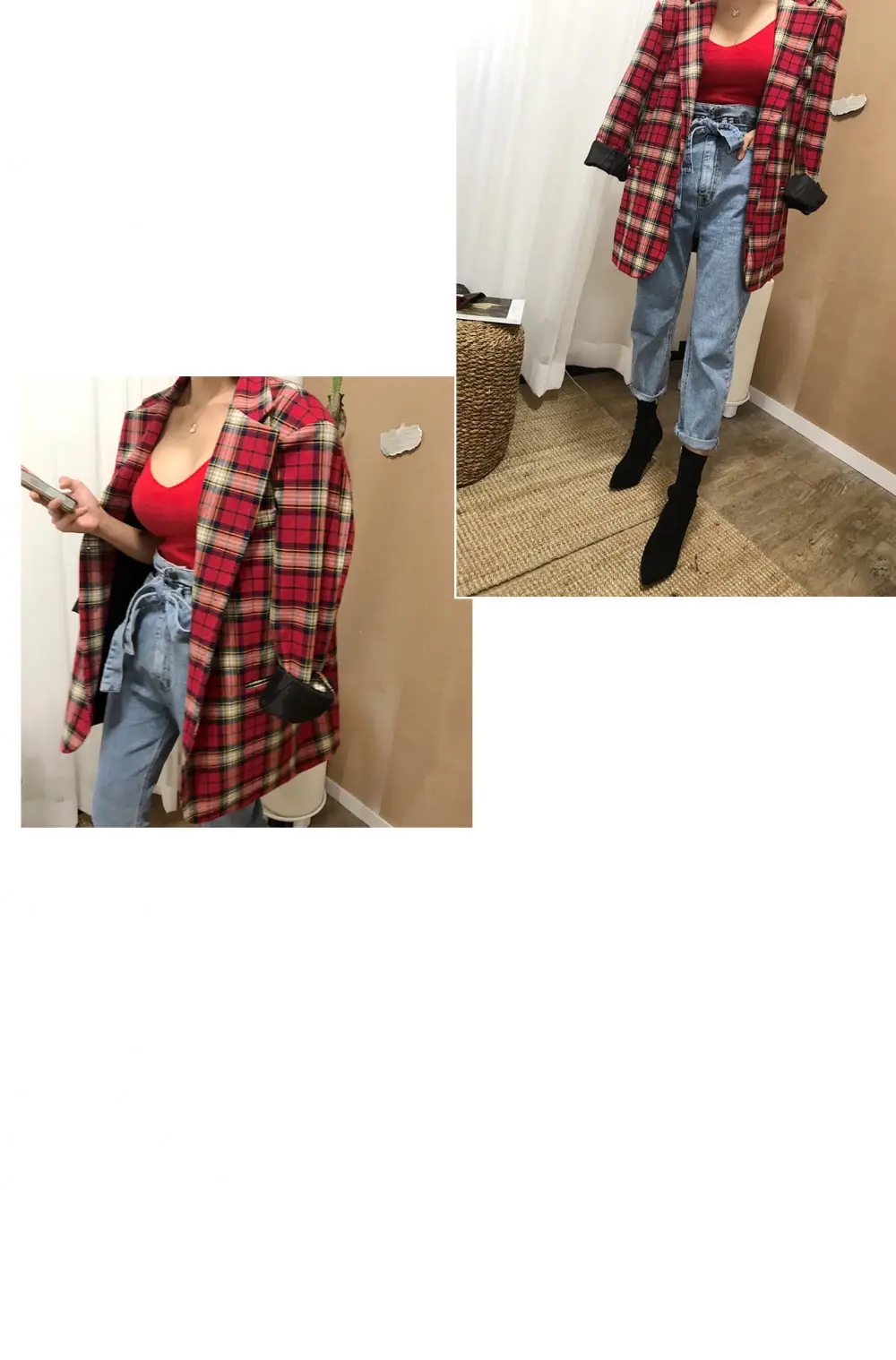 Red Low-Cut Slim-Fit Warm Camisole with Blue Jeans — feature 15