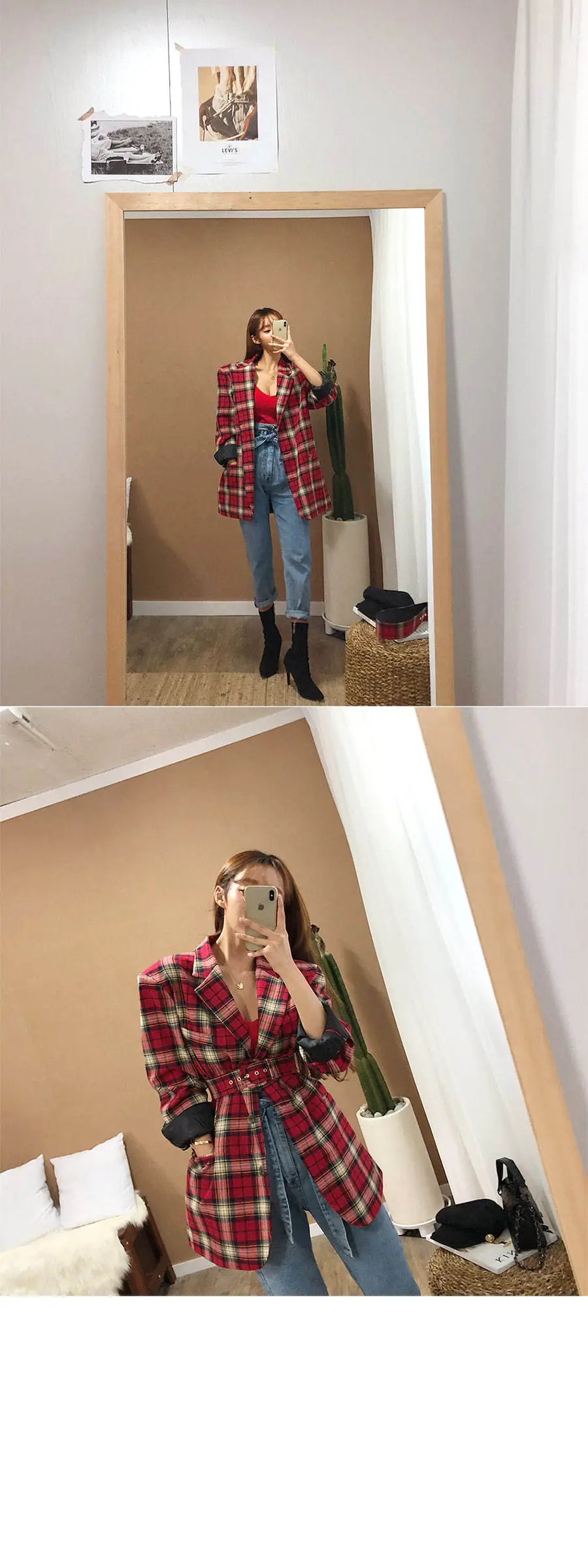 Red Low-Cut Slim-Fit Warm Camisole with Blue Jeans — feature 16