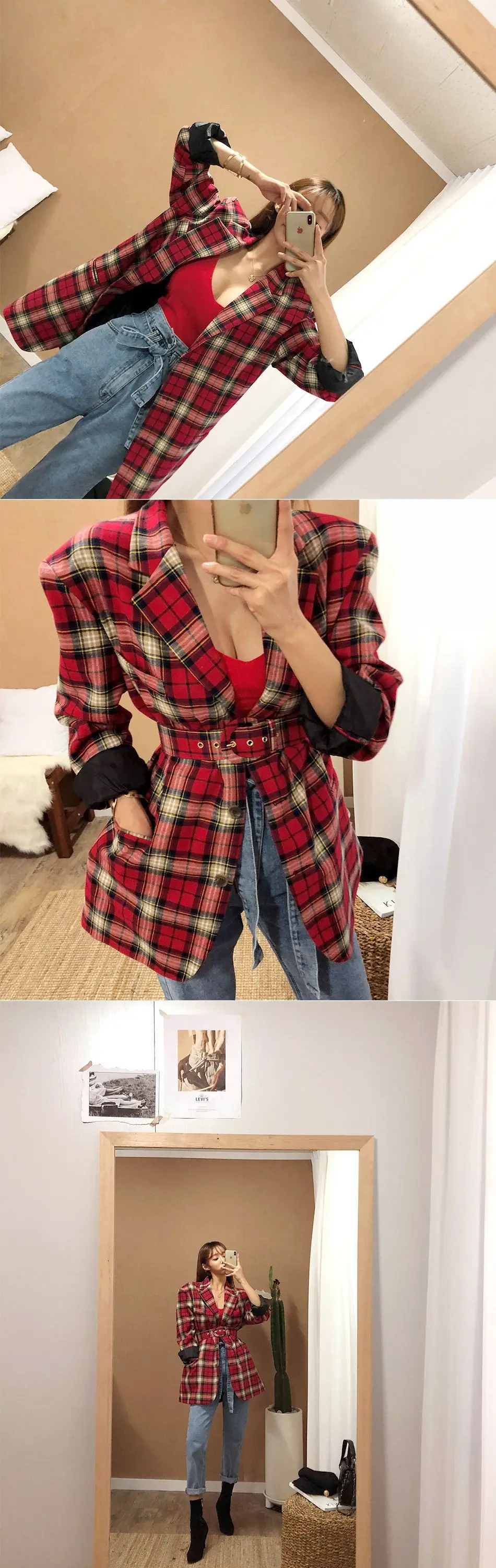 Red Low-Cut Slim-Fit Warm Camisole with Blue Jeans — feature 2