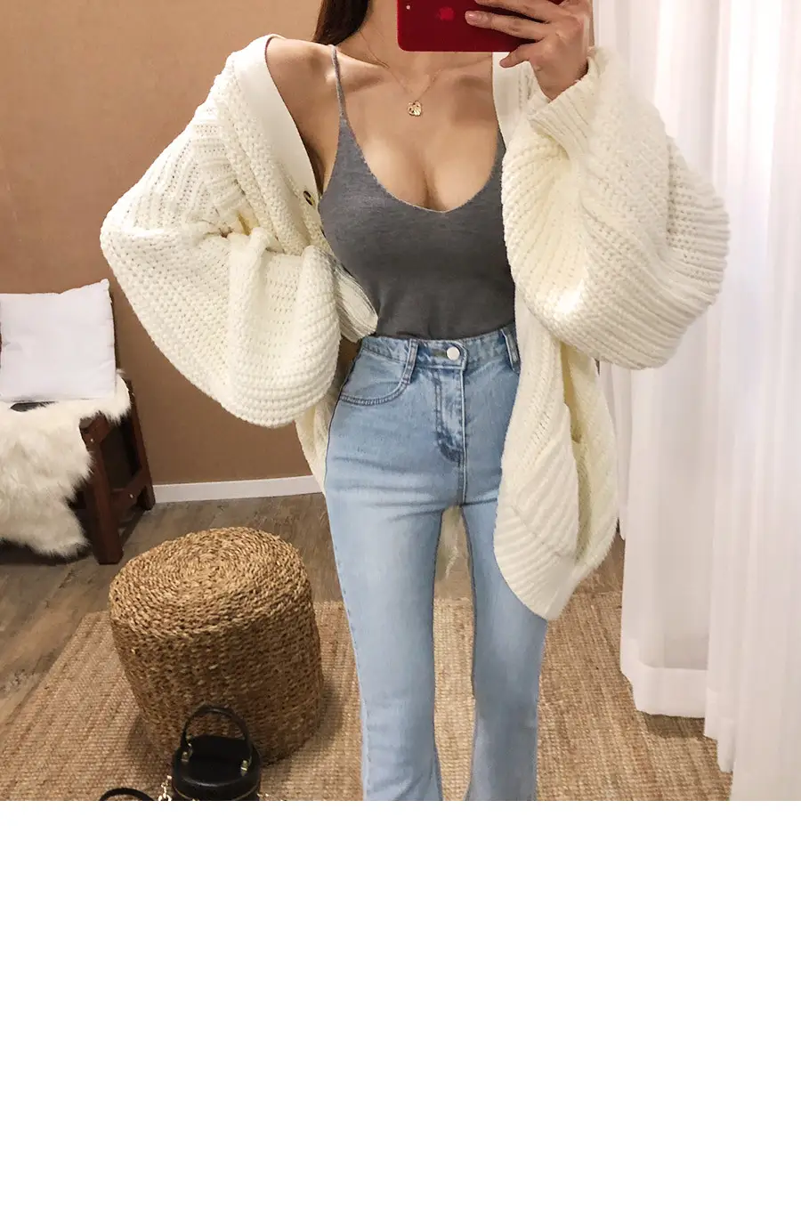 Red Low-Cut Slim-Fit Warm Camisole with Blue Jeans — feature 21