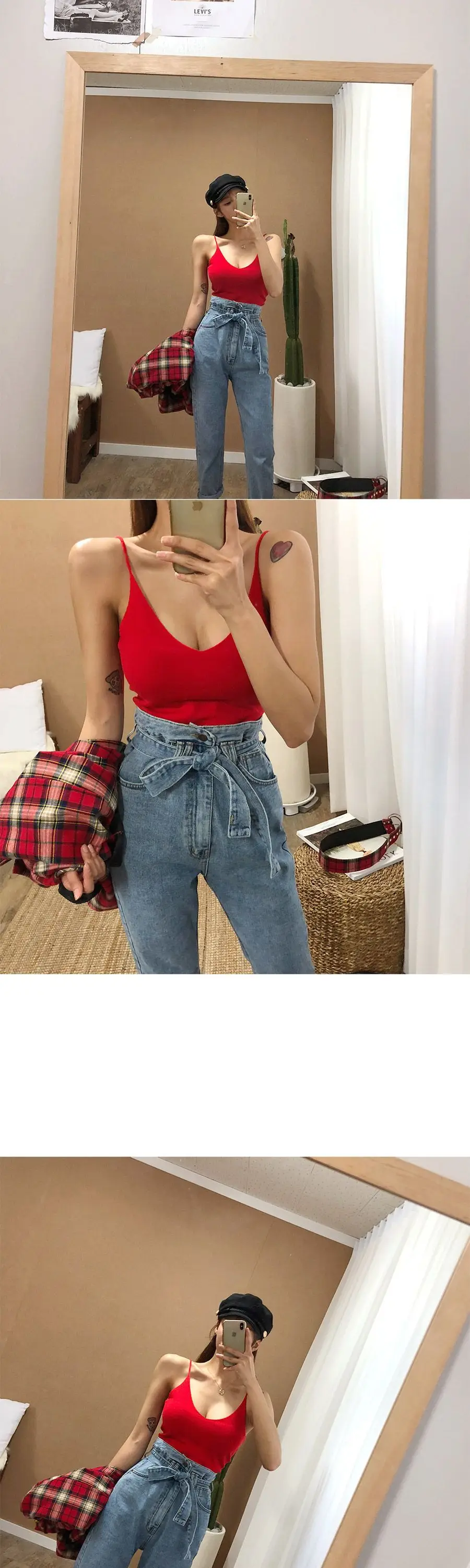 Red Low-Cut Slim-Fit Warm Camisole with Blue Jeans — feature 22