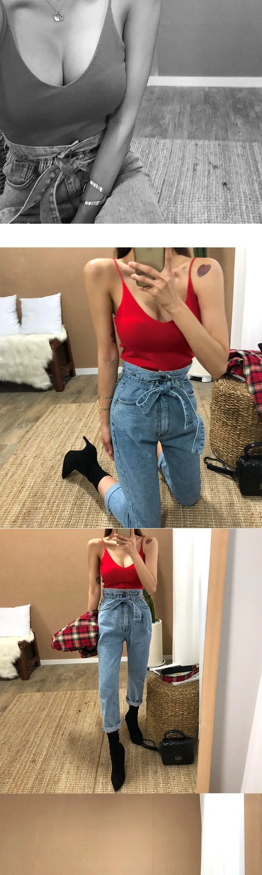 Red Low-Cut Slim-Fit Warm Camisole with Blue Jeans — feature 28