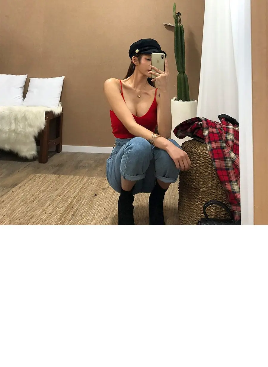 Red Low-Cut Slim-Fit Warm Camisole with Blue Jeans — feature 29