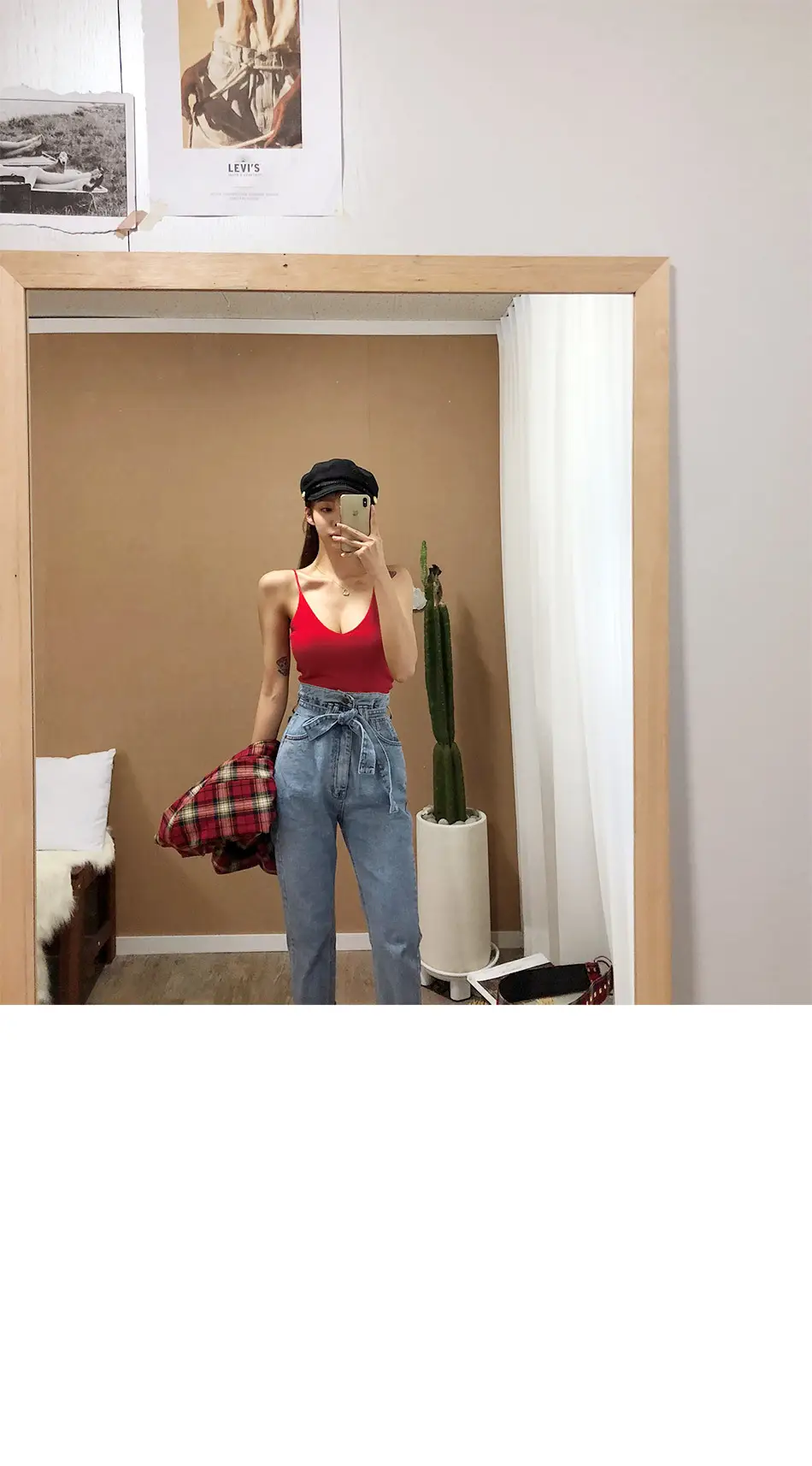 Red Low-Cut Slim-Fit Warm Camisole with Blue Jeans — feature 30