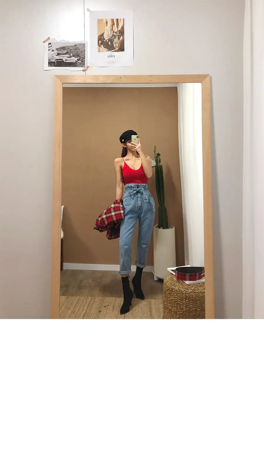 Red Low-Cut Slim-Fit Warm Camisole with Blue Jeans — feature 5