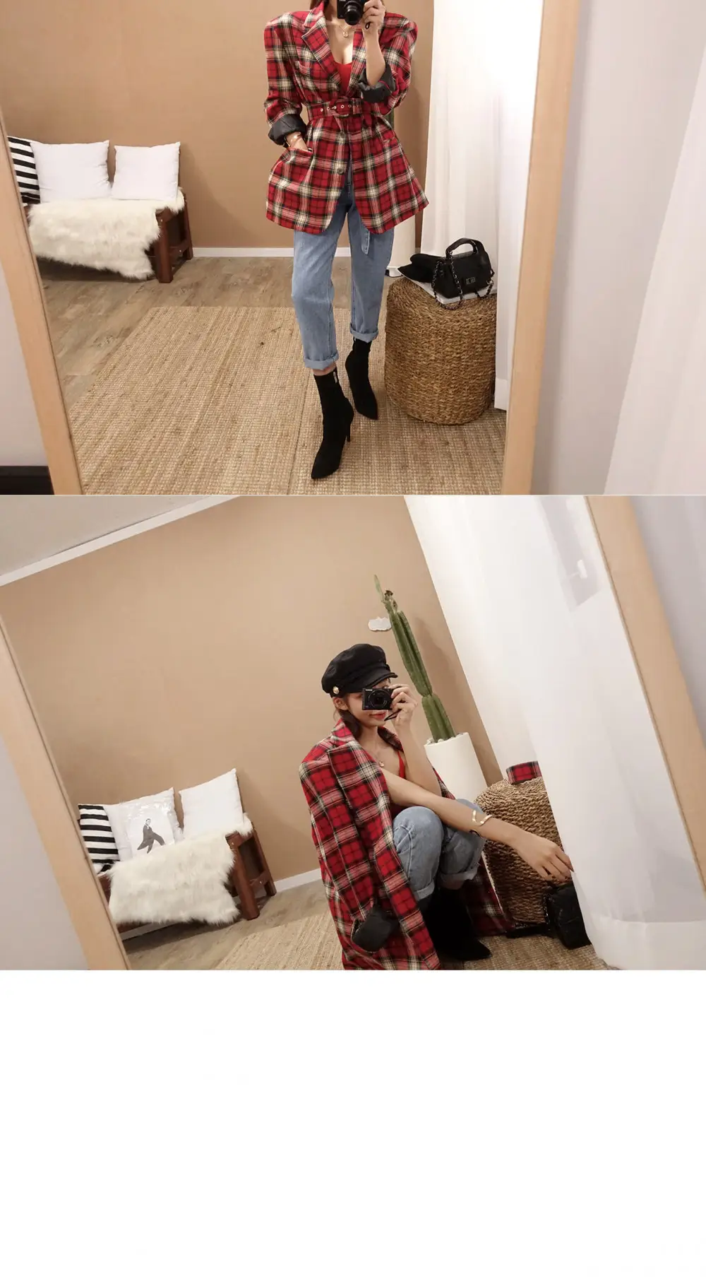 Red Low-Cut Slim-Fit Warm Camisole with Blue Jeans — feature 6