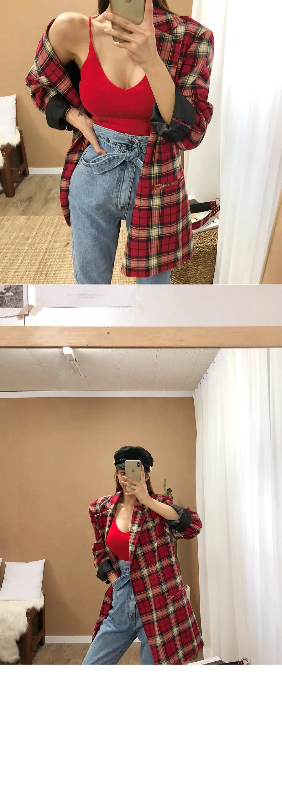 Red Low-Cut Slim-Fit Warm Camisole with Blue Jeans — feature 7
